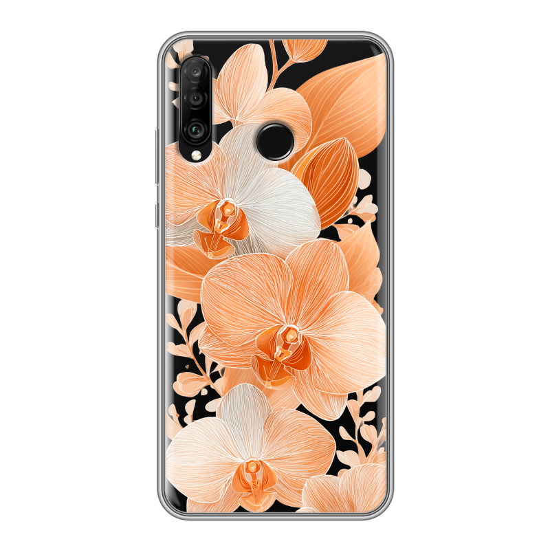 Силиконовый чехол на Huawei P30 Lite с принтом Бежевые цветы Силиконовый чехол на Huawei P30 Lite с принтом Бежевые цветы