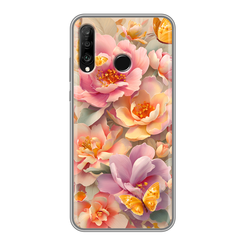Силиконовый чехол на Huawei P30 Lite с принтом Цветы и бабочки Силиконовый чехол на Huawei P30 Lite с принтом Цветы и бабочки
