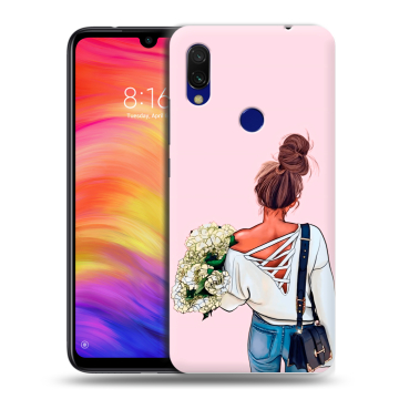 Силиконовый противоударный чехол на Xiaomi RedMi 7 с принтом Девушка и букет Силиконовый противоударный чехол на Xiaomi RedMi 7 с принтом Девушка и букет
