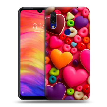 Силиконовый противоударный чехол на Xiaomi RedMi 7 с принтом Сердечки Силиконовый противоударный чехол на Xiaomi RedMi 7 с принтом Сердечки