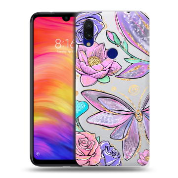 Силиконовый противоударный чехол на Xiaomi RedMi 7 с принтом Бабочки и цветы Силиконовый противоударный чехол на Xiaomi RedMi 7 с принтом Бабочки и цветы