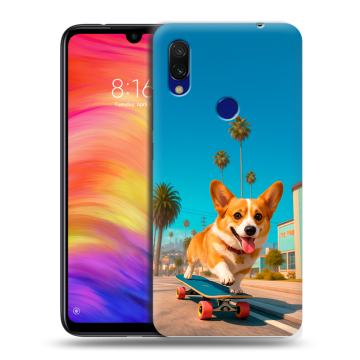 Силиконовый противоударный чехол на Xiaomi RedMi 7 с принтом Корги на скейте Силиконовый противоударный чехол на Xiaomi RedMi 7 с принтом Корги на скейте