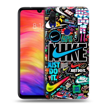 Силиконовый противоударный чехол на Xiaomi RedMi 7 с принтом найк nike черный