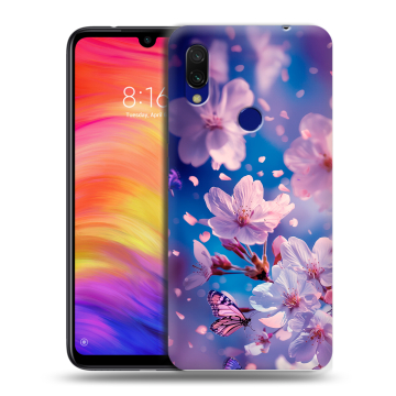 Силиконовый противоударный чехол на Xiaomi RedMi 7 с принтом цветы бабочки Силиконовый противоударный чехол на Xiaomi RedMi 7 с принтом цветы бабочки