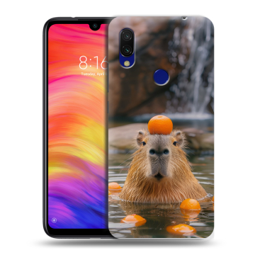 Силиконовый противоударный чехол на Xiaomi RedMi 7 с принтом Капибара с апельсином Силиконовый противоударный чехол на Xiaomi RedMi 7 с принтом Капибара с апельсином