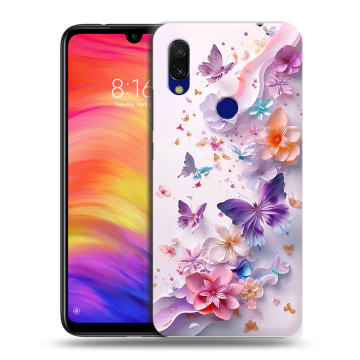Силиконовый противоударный чехол на Xiaomi RedMi 7 с принтом цветы бабочки Силиконовый противоударный чехол на Xiaomi RedMi 7 с принтом цветы бабочки