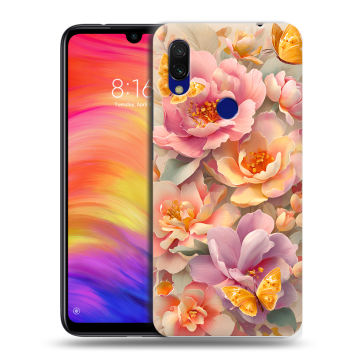 Силиконовый противоударный чехол на Xiaomi RedMi 7 с принтом Цветы и бабочки