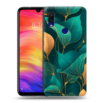 Силиконовый противоударный чехол на Xiaomi RedMi 7 с принтом Листья и золото