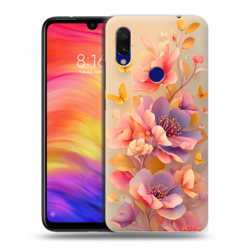 Силиконовый противоударный чехол на Xiaomi RedMi 7 с принтом Цветы и бабочки Силиконовый противоударный чехол на Xiaomi RedMi 7 с принтом Цветы и бабочки