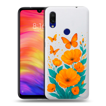 Силиконовый противоударный чехол на Xiaomi RedMi 7 с принтом цветы бабочки Силиконовый противоударный чехол на Xiaomi RedMi 7 с принтом цветы бабочки