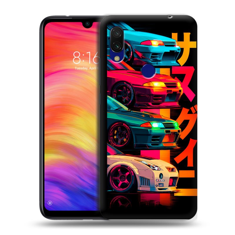 Силиконовый противоударный чехол на Xiaomi RedMi 7 с принтом Гоночные машины Силиконовый противоударный чехол на Xiaomi RedMi 7 с принтом Гоночные машины