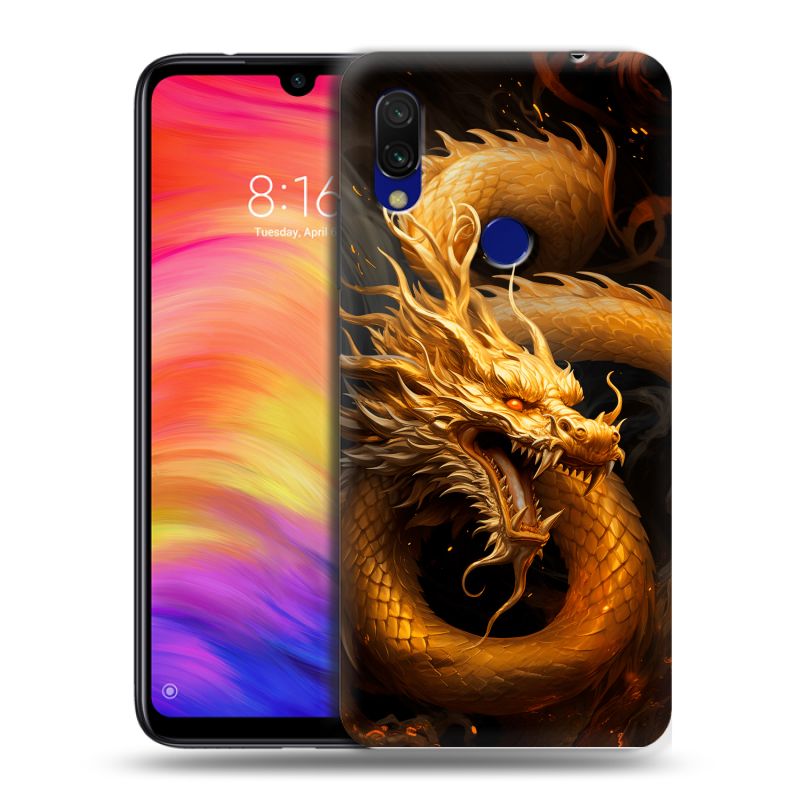 Силиконовый противоударный чехол на Xiaomi RedMi 7 с принтом Золотой дракон Силиконовый противоударный чехол на Xiaomi RedMi 7 с принтом Золотой дракон