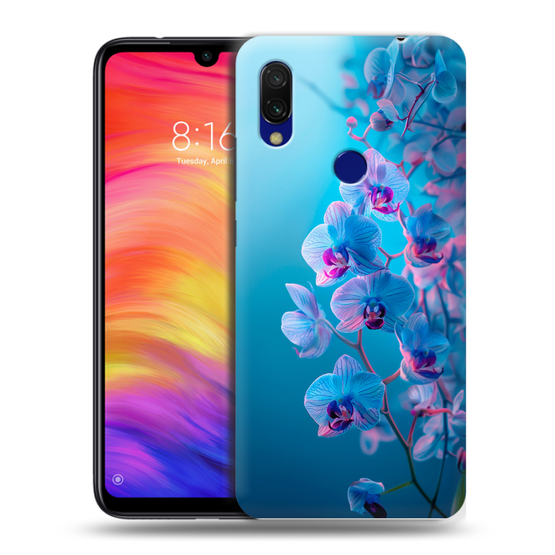 Силиконовый противоударный чехол на Xiaomi RedMi 7 с принтом голубые орхидеи Силиконовый противоударный чехол на Xiaomi RedMi 7 с принтом голубые орхидеи