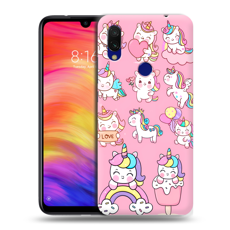 Силиконовый противоударный чехол на Xiaomi RedMi 7 с принтом Единороги и радуга Силиконовый противоударный чехол на Xiaomi RedMi 7 с принтом Единороги и радуга