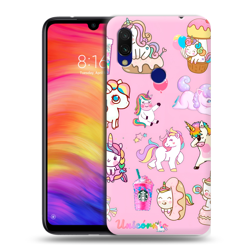 Силиконовый противоударный чехол на Xiaomi RedMi 7 с принтом розовые единороги Силиконовый противоударный чехол на Xiaomi RedMi 7 с принтом розовые единороги