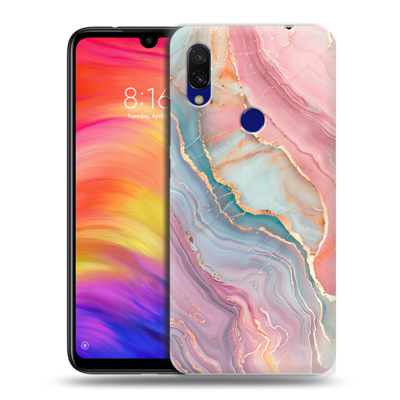 Силиконовый противоударный чехол на Xiaomi RedMi 7 с принтом розовый мрамор Силиконовый противоударный чехол на Xiaomi RedMi 7 с принтом розовый мрамор