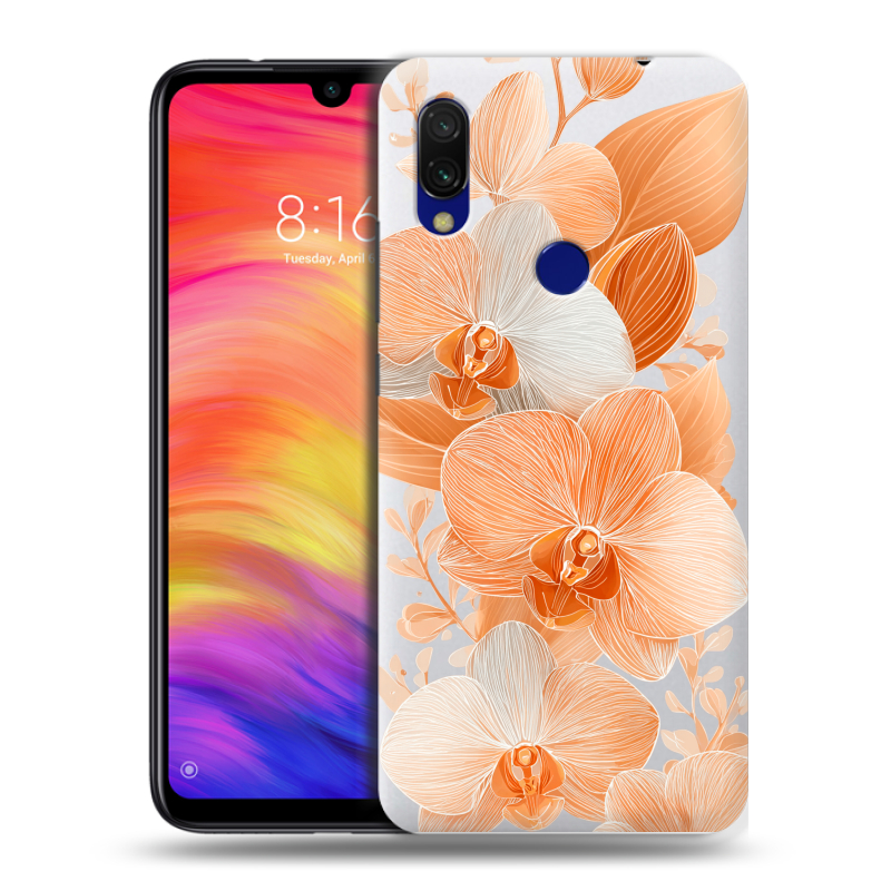 Силиконовый противоударный чехол на Xiaomi RedMi 7 с принтом Бежевые цветы Силиконовый противоударный чехол на Xiaomi RedMi 7 с принтом Бежевые цветы
