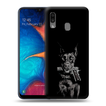 Силиконовый чехол на Samsung Galaxy A20 с принтом Доберман и пистолет Силиконовый чехол на Samsung Galaxy A20 с принтом Доберман и пистолет