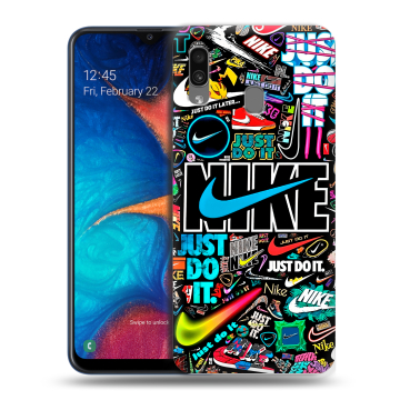 Силиконовый чехол на Samsung Galaxy A20 с принтом найк nike черный