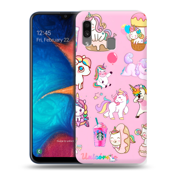 Силиконовый чехол на Samsung Galaxy A20 с принтом розовые единороги