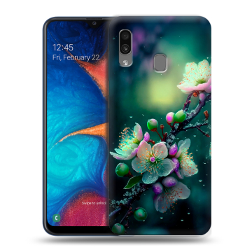 Силиконовый чехол на Samsung Galaxy A20 с принтом Цветы и мрамор