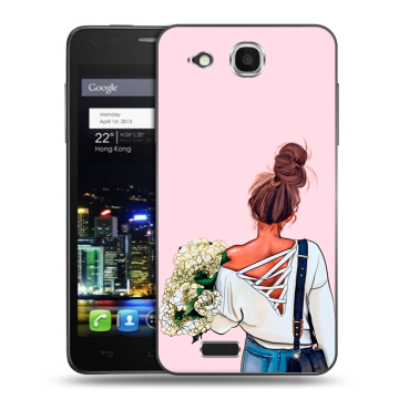 Пластиковый чехол на Alcatel One Touch Idol Ultra с принтом Девушка и букет