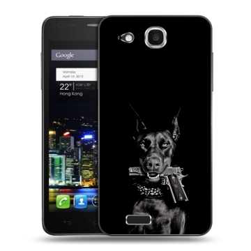 Пластиковый чехол на Alcatel One Touch Idol Ultra с принтом Доберман и пистолет