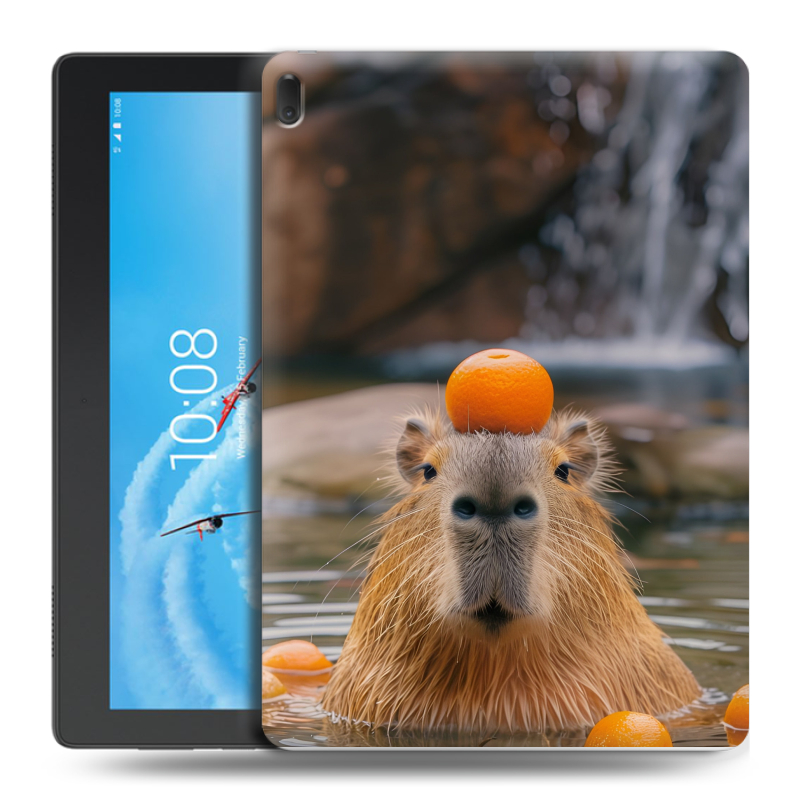 Силиконовый чехол на Lenovo Tab E10 с принтом Капибара с апельсином Силиконовый чехол на Lenovo Tab E10 с принтом Капибара с апельсином