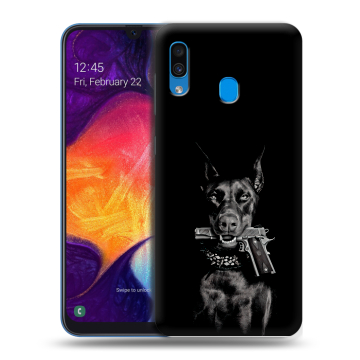 Силиконовый противоударный чехол на Samsung Galaxy A40 с принтом Доберман и пистолет Силиконовый противоударный чехол на Samsung Galaxy A40 с принтом Доберман и пистолет