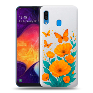 Силиконовый противоударный чехол на Samsung Galaxy A40 с принтом цветы бабочки Силиконовый противоударный чехол на Samsung Galaxy A40 с принтом цветы бабочки