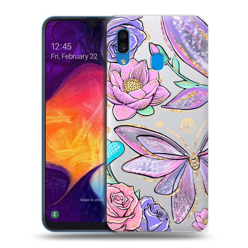 Силиконовый противоударный чехол на Samsung Galaxy A40 с принтом Бабочки и цветы Силиконовый противоударный чехол на Samsung Galaxy A40 с принтом Бабочки и цветы