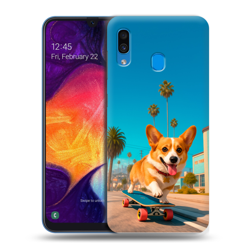 Пластиковый чехол на Samsung Galaxy A40 с принтом Корги на скейте Пластиковый чехол на Samsung Galaxy A40 с принтом Корги на скейте