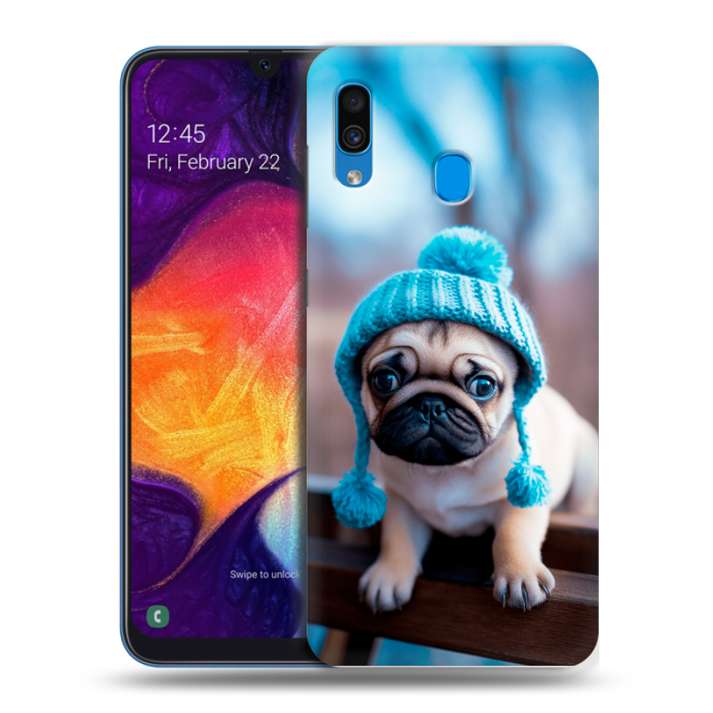 Пластиковый чехол на Samsung Galaxy A40 с принтом Мопс в шапке Пластиковый чехол на Samsung Galaxy A40 с принтом Мопс в шапке