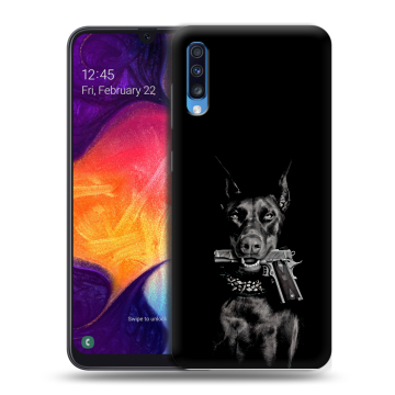 Силиконовый противоударный чехол на Samsung Galaxy A70 с принтом Доберман и пистолет Силиконовый противоударный чехол на Samsung Galaxy A70 с принтом Доберман и пистолет