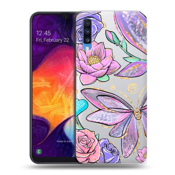 Силиконовый противоударный чехол на Samsung Galaxy A70 с принтом Бабочки и цветы Силиконовый противоударный чехол на Samsung Galaxy A70 с принтом Бабочки и цветы