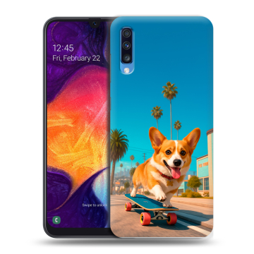 Силиконовый противоударный чехол на Samsung Galaxy A70 с принтом Корги на скейте Силиконовый противоударный чехол на Samsung Galaxy A70 с принтом Корги на скейте