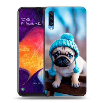 Силиконовый противоударный чехол на Samsung Galaxy A70 с принтом Мопс в шапке Силиконовый противоударный чехол на Samsung Galaxy A70 с принтом Мопс в шапке