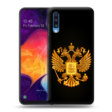 Силиконовый противоударный чехол на Samsung Galaxy A70 с принтом Герб России желтый