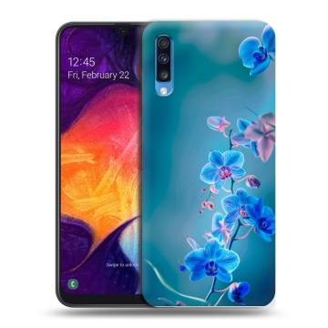 Силиконовый противоударный чехол на Samsung Galaxy A70 с принтом Голубые цветы Силиконовый противоударный чехол на Samsung Galaxy A70 с принтом Голубые цветы