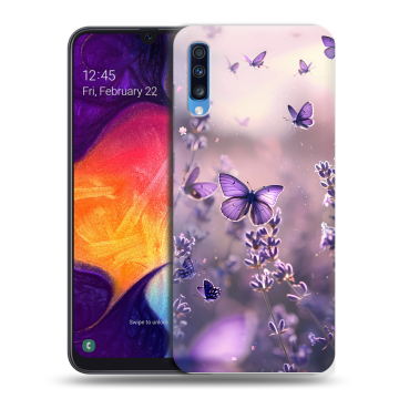 Силиконовый противоударный чехол на Samsung Galaxy A70 с принтом бабочки и лаванда