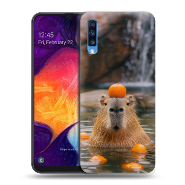 Силиконовый противоударный чехол на Samsung Galaxy A70 с принтом Капибара с апельсином Силиконовый противоударный чехол на Samsung Galaxy A70 с принтом Капибара с апельсином