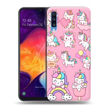 Силиконовый противоударный чехол на Samsung Galaxy A70 с принтом Единороги и радуга Силиконовый противоударный чехол на Samsung Galaxy A70 с принтом Единороги и радуга