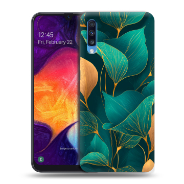 Силиконовый противоударный чехол на Samsung Galaxy A70 с принтом Листья и золото Силиконовый противоударный чехол на Samsung Galaxy A70 с принтом Листья и золото