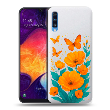 Силиконовый противоударный чехол на Samsung Galaxy A70 с принтом цветы бабочки Силиконовый противоударный чехол на Samsung Galaxy A70 с принтом цветы бабочки