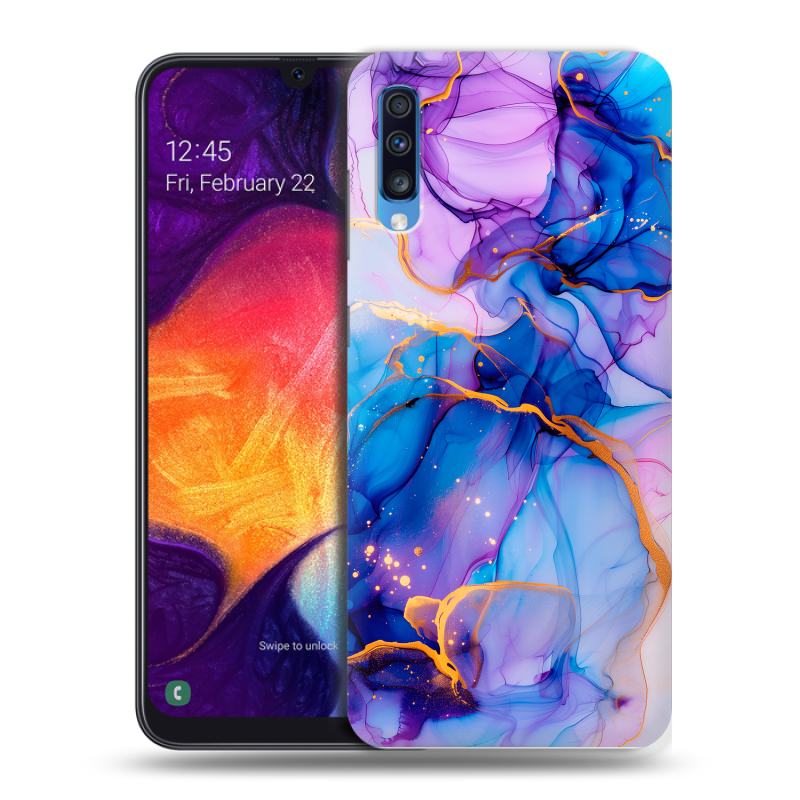 Силиконовый противоударный чехол на Samsung Galaxy A70 с принтом синий мрамор Силиконовый противоударный чехол на Samsung Galaxy A70 с принтом синий мрамор