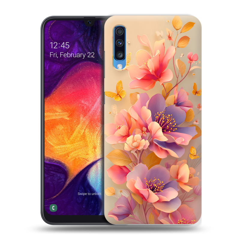 Силиконовый противоударный чехол на Samsung Galaxy A70 с принтом Цветы и бабочки Силиконовый противоударный чехол на Samsung Galaxy A70 с принтом Цветы и бабочки
