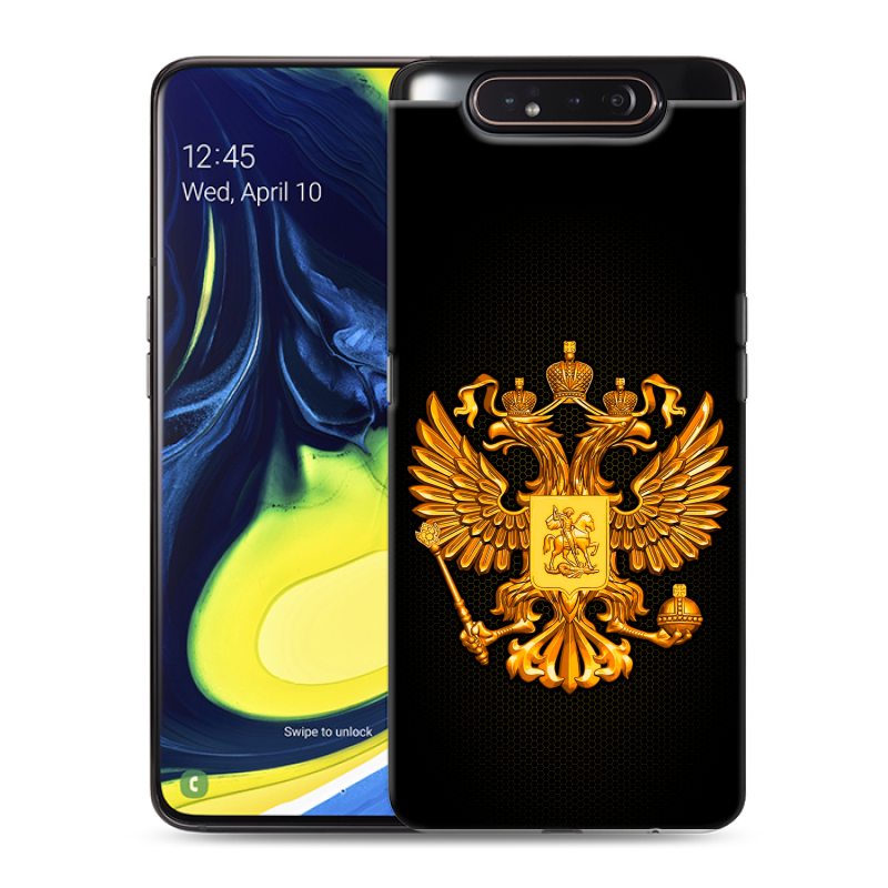 Силиконовый противоударный чехол на Samsung Galaxy A80 с принтом Герб России желтый Силиконовый противоударный чехол на Samsung Galaxy A80 с принтом Герб России желтый