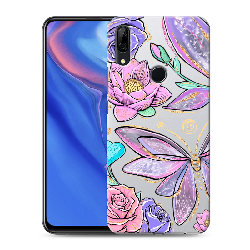 Силиконовый противоударный чехол на Huawei P Smart Z с принтом Бабочки и цветы Силиконовый противоударный чехол на Huawei P Smart Z с принтом Бабочки и цветы