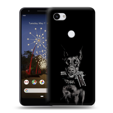 Пластиковый чехол на Google Pixel 3a XL с принтом Доберман и пистолет