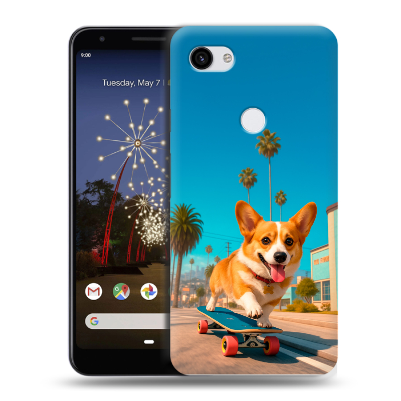 Пластиковый чехол на Google Pixel 3a XL с принтом Корги на скейте Пластиковый чехол на Google Pixel 3a XL с принтом Корги на скейте